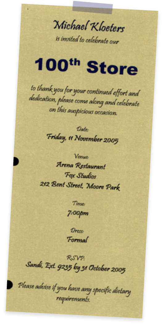 Invitation to celebrate the 100th store opening 