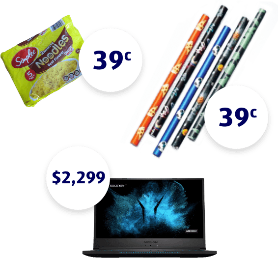 Image of packet of noodles 39c, book adhesive 39c and a notebook computer $2299