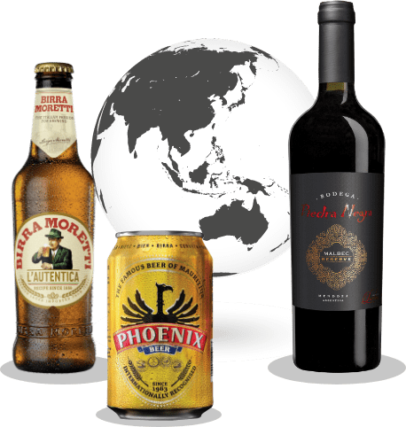 Bottle of beer, can of beer and bottle of wine in front of a world graphic